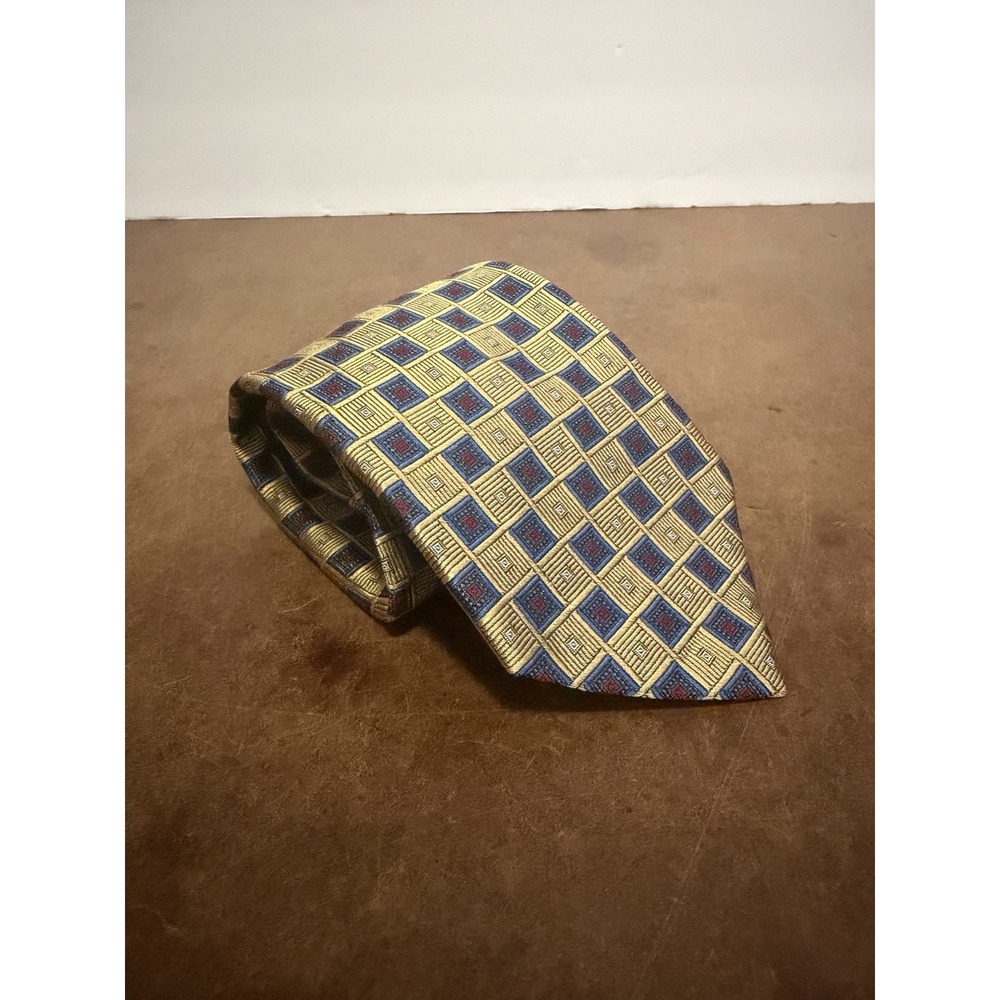 Brooks Brothers 346 Pure Silk Tie Navy Gold Blue Squares Geometric Made in USA